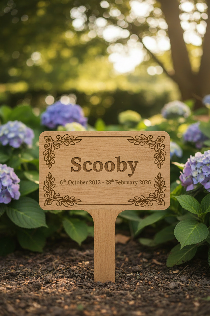 Wooden pet memorial garden stake plaque with Scooby engraved and dates 6th October 2013 - 28th February 2026