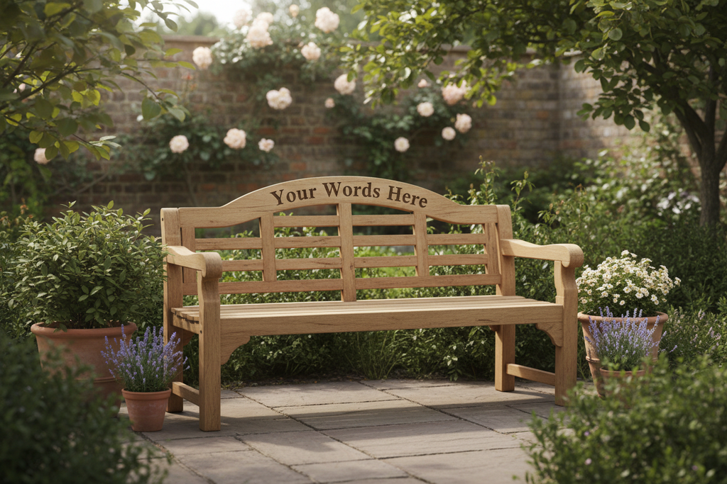 Wooden garden bench with personalised engraving on the top backrest slat