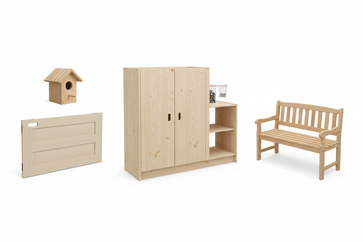 Wooden products - kitchen cupboard carcass, bird box, unpainted door, garden bench
